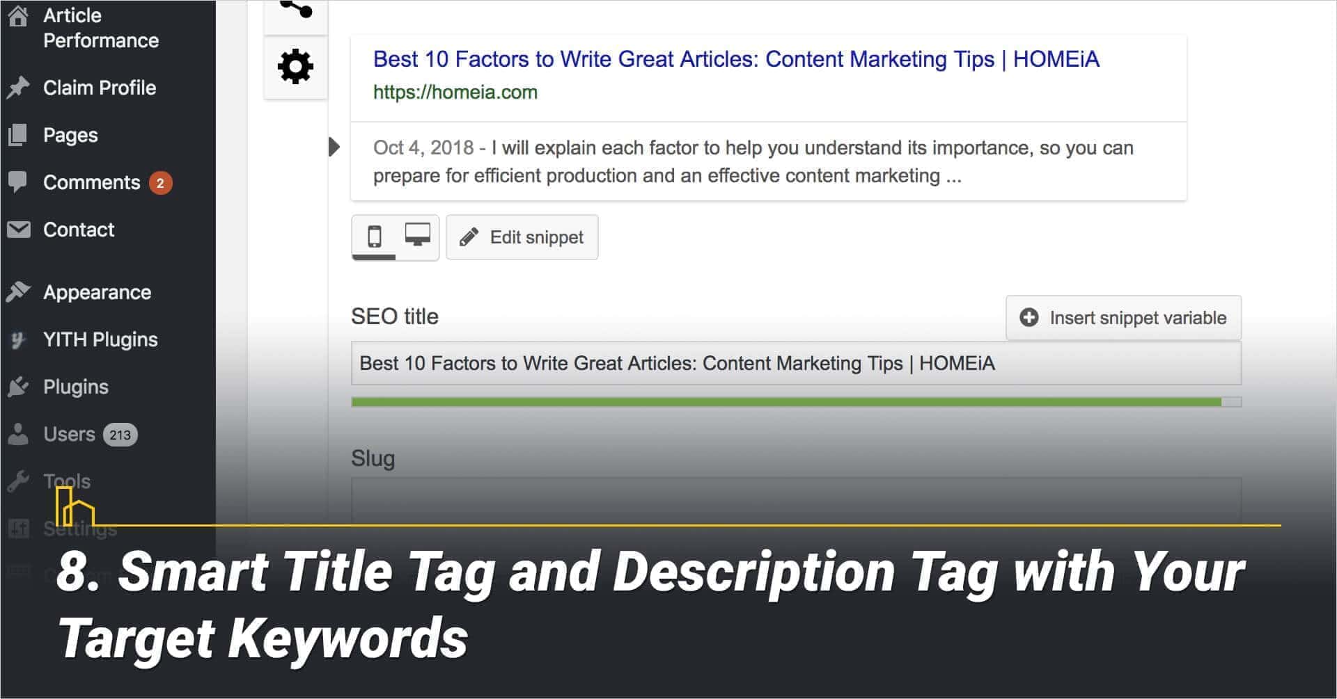 Smart Title Tag and Description Tag with Your Target Keywords, make your articles searchable Smart Title Tag and Description Tag with Your Target Keywords, make your articles searchable