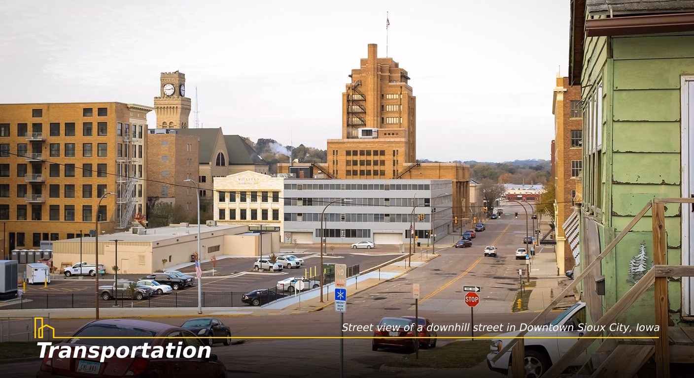 5 Transportation Street view of a downhill street in Downtown Sioux City Iowa branded