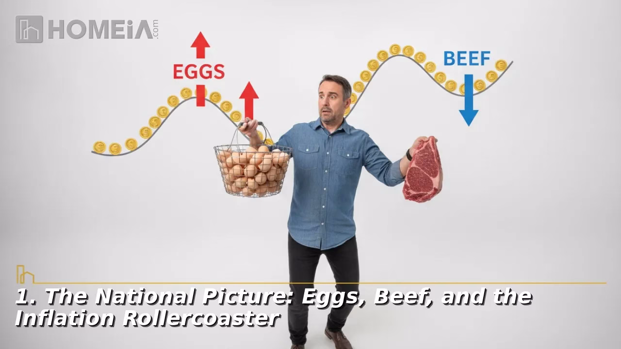 Man holding eggs and beef, inflation graph